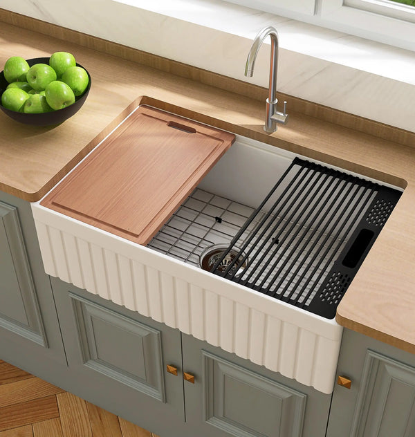 NOZLOO 30" Reversible Apron Fireclay Farmhouse Sink with Workstation Kit