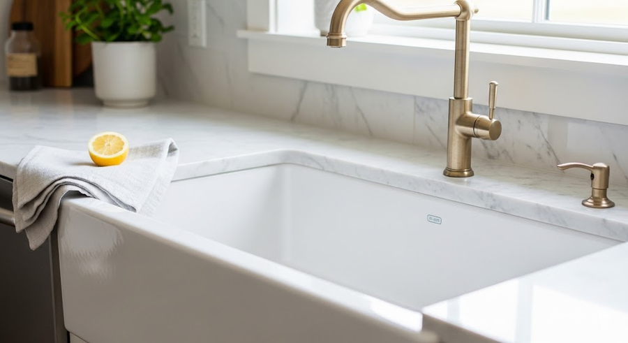 White fireclay farmhouse sink with a lemon and cleaning cloth on a marble countertop