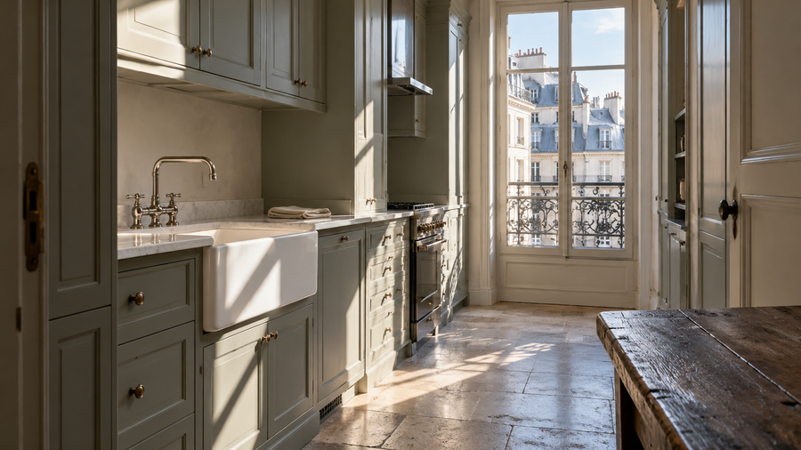 Geometric sunlight illuminates a compact white farmhouse sink in a sage Parisian galley kitchen, with pale stone flooring, rooftop views and a worn oak worktable.