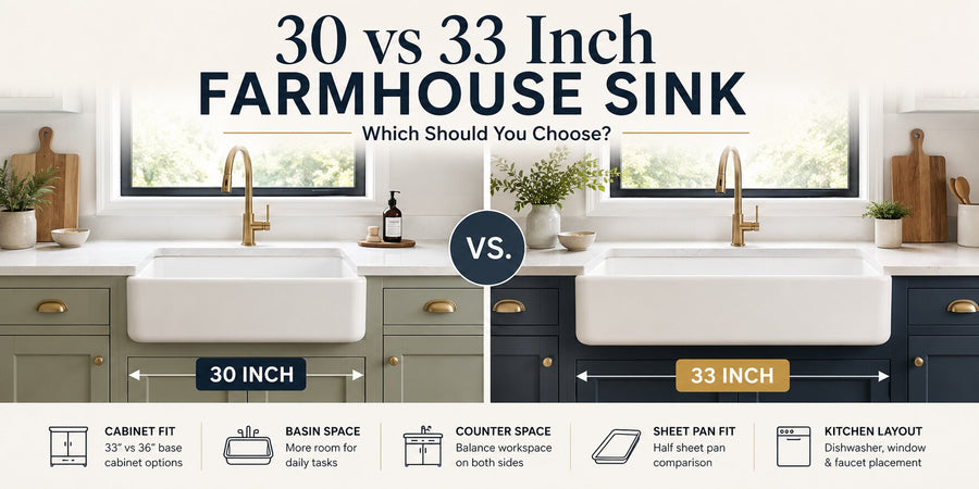 30 vs 33 inch farmhouse sink comparison showing cabinet fit, basin space, counter space, half sheet pan fit, and kitchen layout differences.