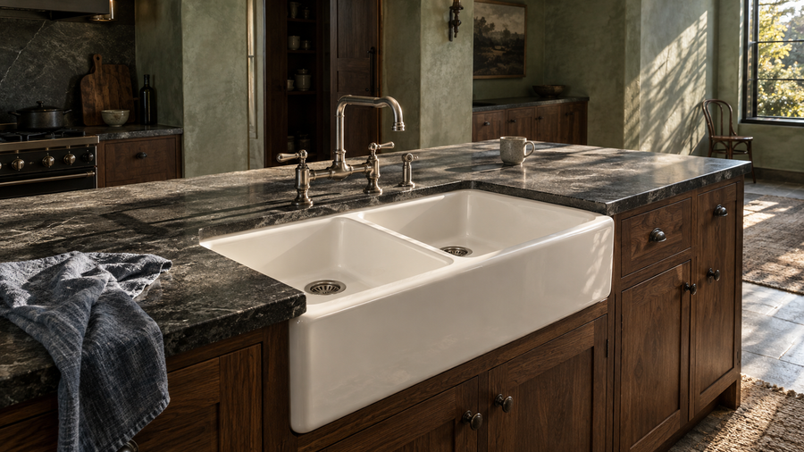Slanted morning sunlight crosses a white double-bowl farmhouse sink in a walnut island, with antique nickel fittings, dark stone and cool green plaster walls.
