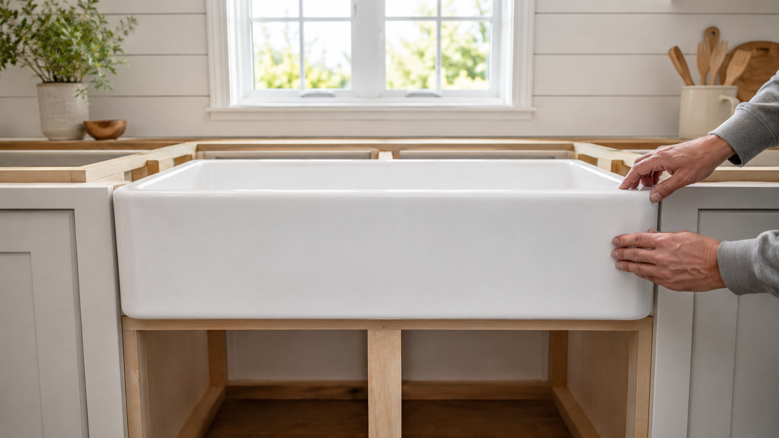 Do fireclay sinks crack easily? Fireclay farmhouse sink inspected with cabinet support before installation