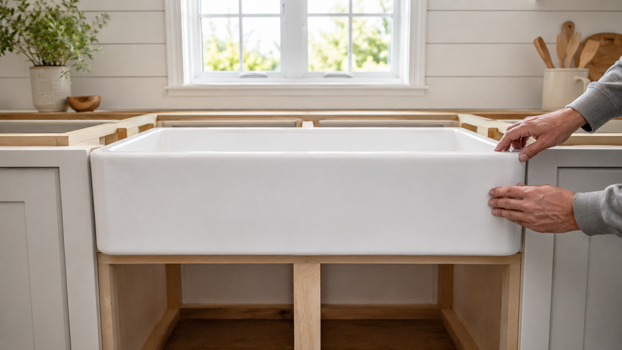 Do fireclay sinks crack easily? Fireclay farmhouse sink inspected with cabinet support before installation