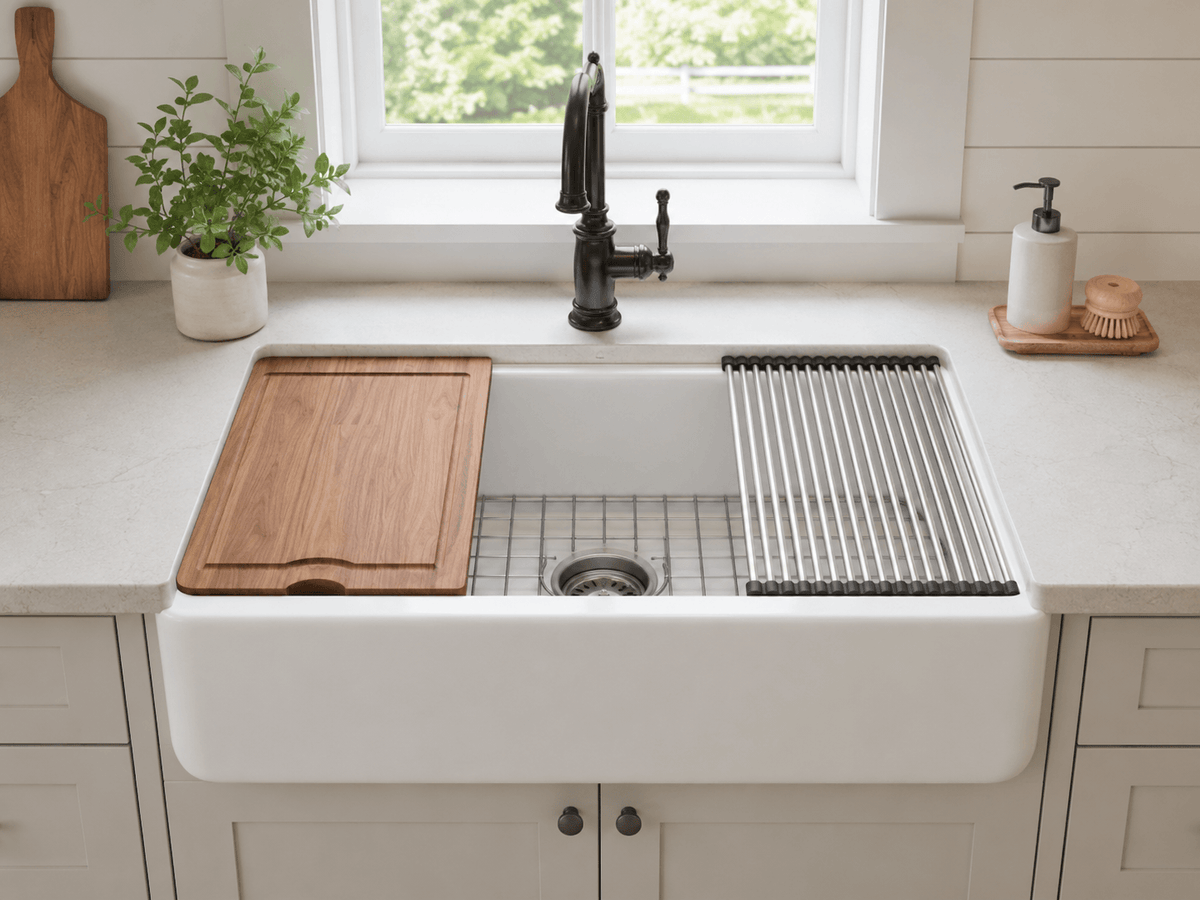 White fireclay farmhouse workstation sink with cutting board drying rack bottom grid and drain kit