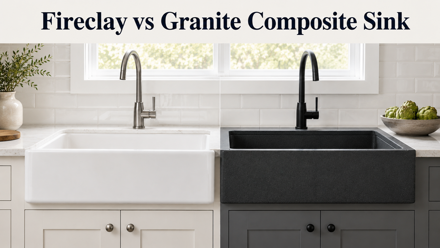 Side-by-side kitchen sink comparison showing a white glazed fireclay farmhouse sink next to a dark matte granite composite sink in a bright modern kitchen.