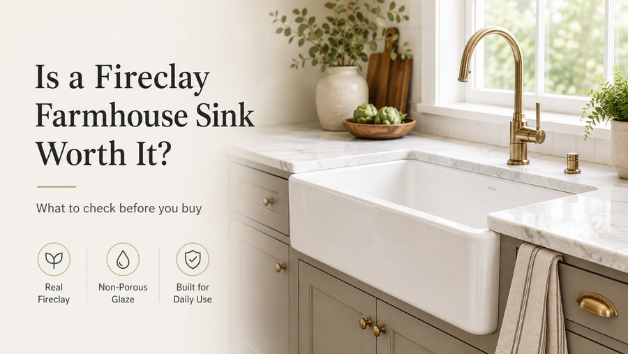 Fireclay farmhouse sink worth it blog hero showing white apron front sink and buyer checklist