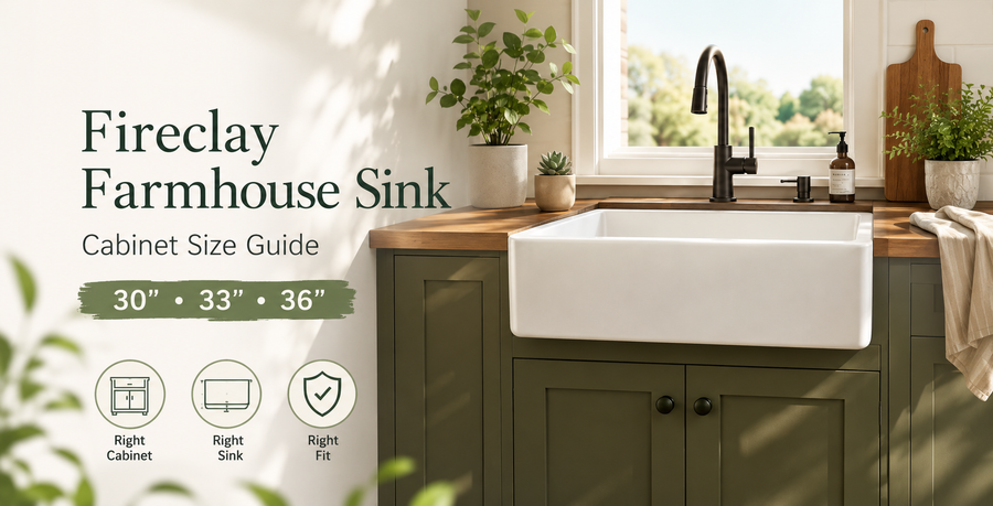 Fireclay farmhouse sink cabinet size guide with apron-front sink, base cabinet measurements, and installation planning