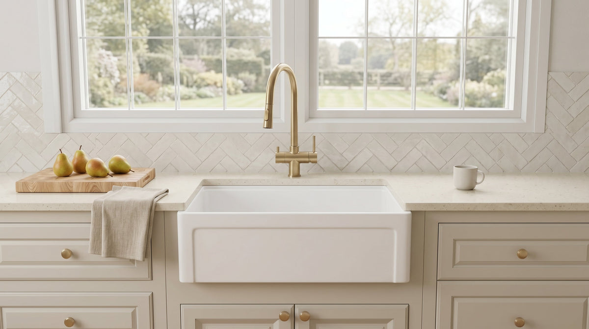White fireclay farmhouse sink with brass faucet in a cream farmhouse kitchen with garden windows