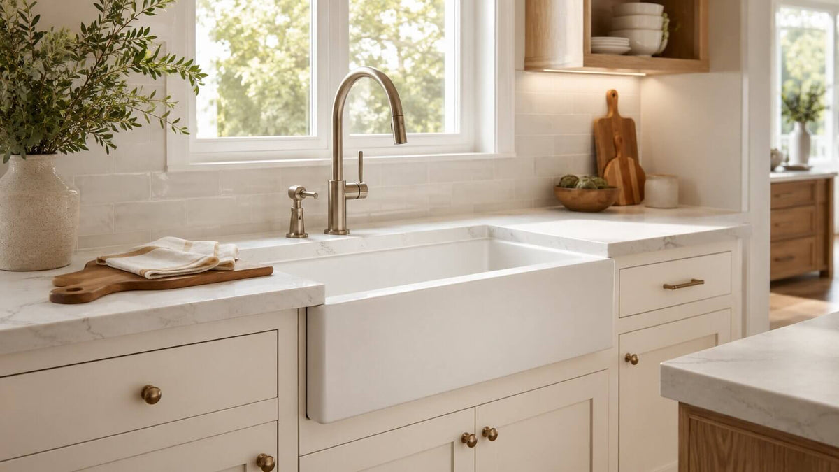 Modern white fireclay farmhouse apron-front sink in a warm transitional kitchen with cream cabinets, natural stone countertop, and brushed metal faucet