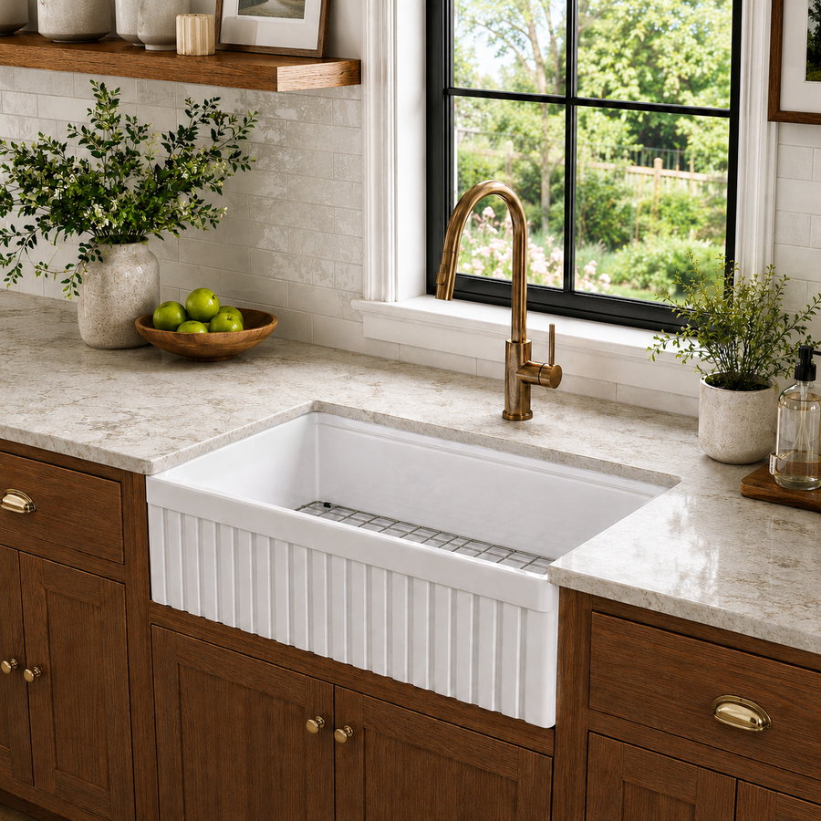 Replacing a farmhouse sink — new fireclay sink test-fitted in an existing cabinet
