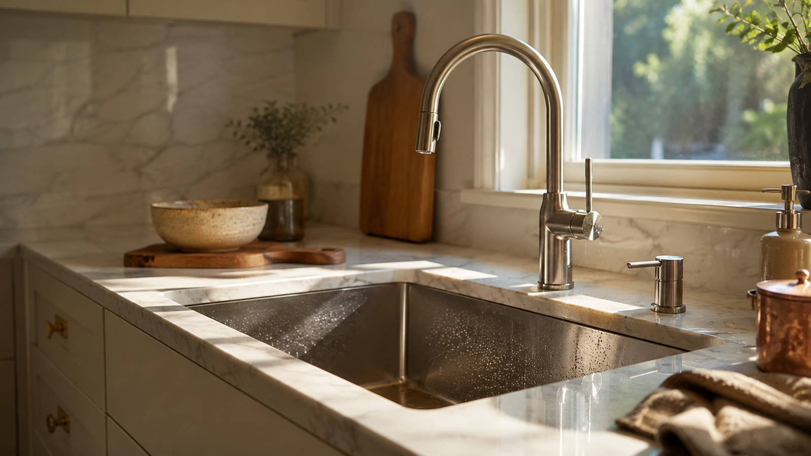 Modern kitchen sink and faucet on a natural stone countertop with warm sunlight, neutral cabinets, and stylish kitchen accents for a sink materials guide.