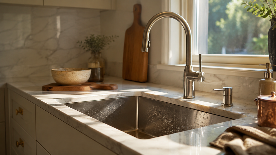 Modern kitchen sink and faucet on a natural stone countertop with warm sunlight, neutral cabinets, and stylish kitchen accents for a sink materials guide.