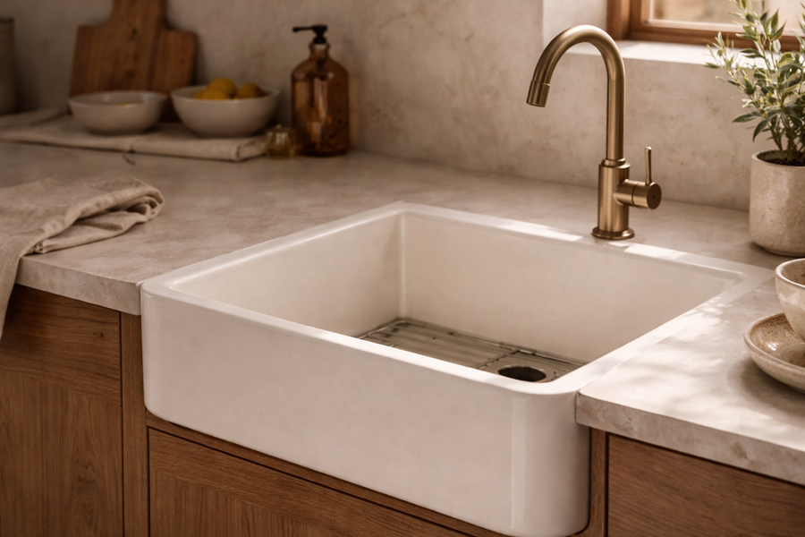 Glossy white fireclay farmhouse sink with a brass faucet in a warm wood kitchen
