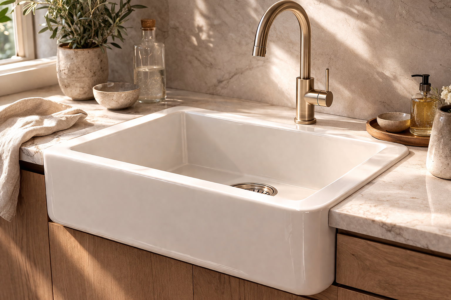 Close-up of a white fireclay farmhouse sink with brass gooseneck faucet against a marble backsplash