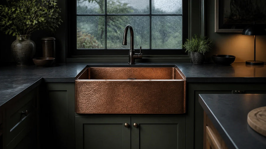 Hand-hammered copper apron-front kitchen sink installed above dark green cabinet doors