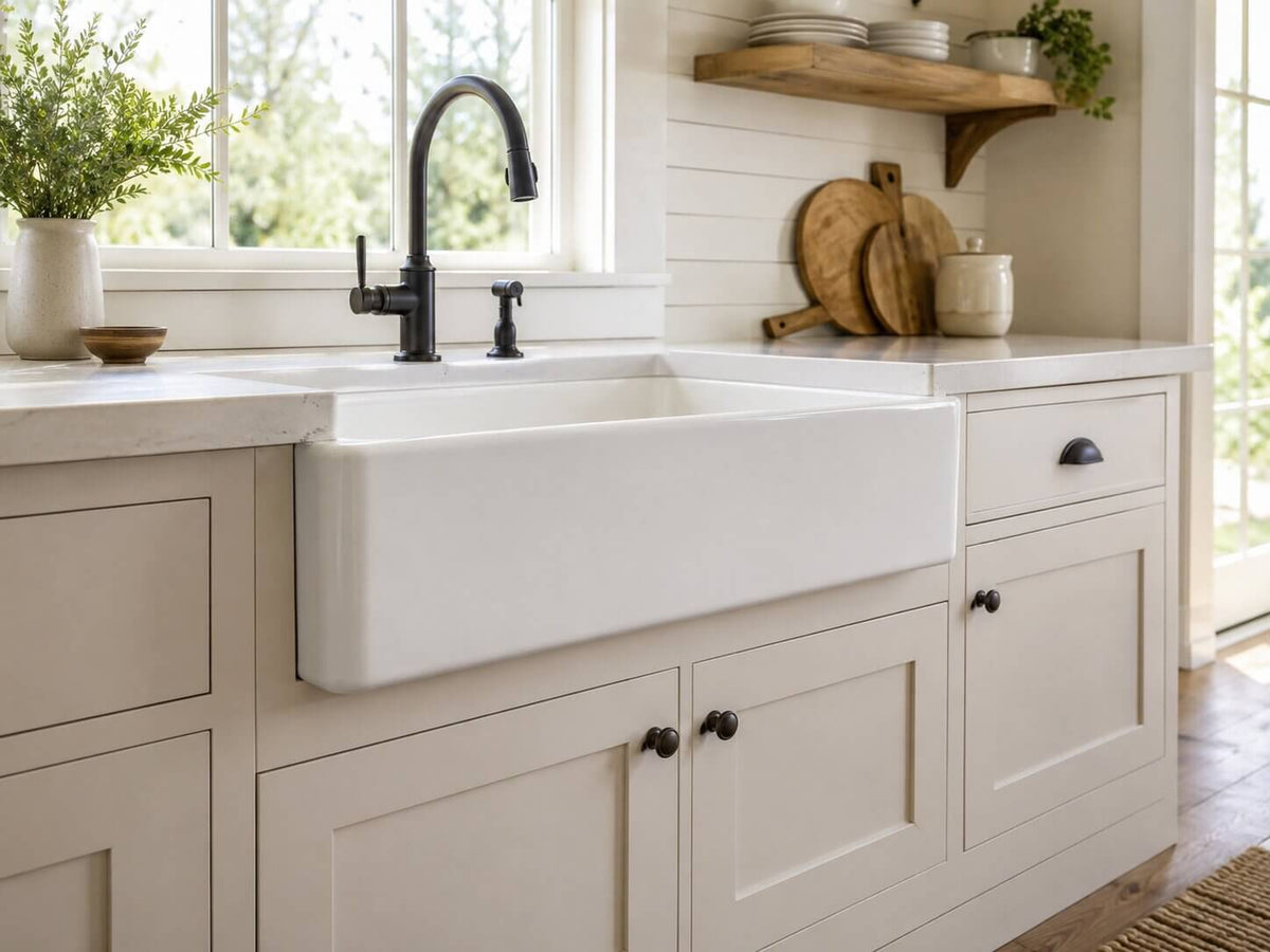 White apron-front farmhouse sink in a bright kitchen showing the deep basin and visible front panel