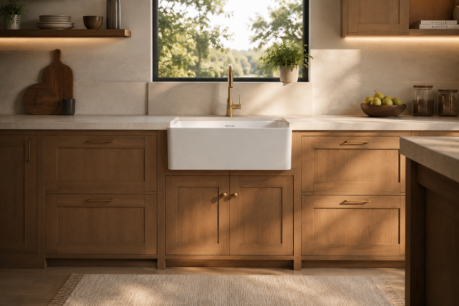 White farmhouse sink installed slightly proud of wood cabinets with warm kitchen lighting and countertop framing the apron front.