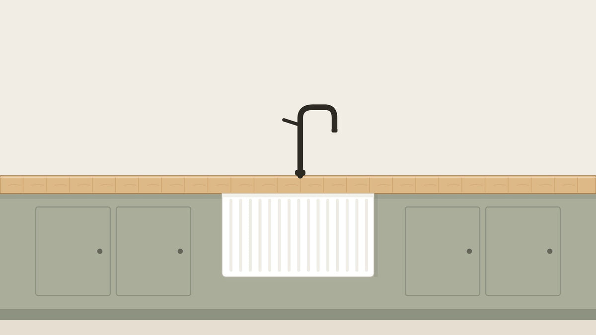 White farmhouse sink with butcher block countertop and matte black faucet in a warm modern kitchen illustration