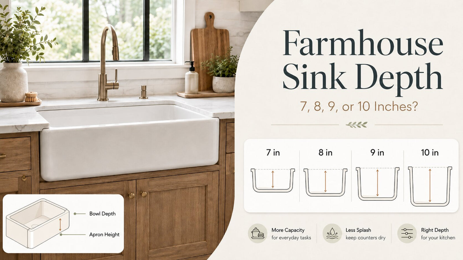 Farmhouse sink depth comparison showing 7, 8, 9, and 10 inch bowl depths