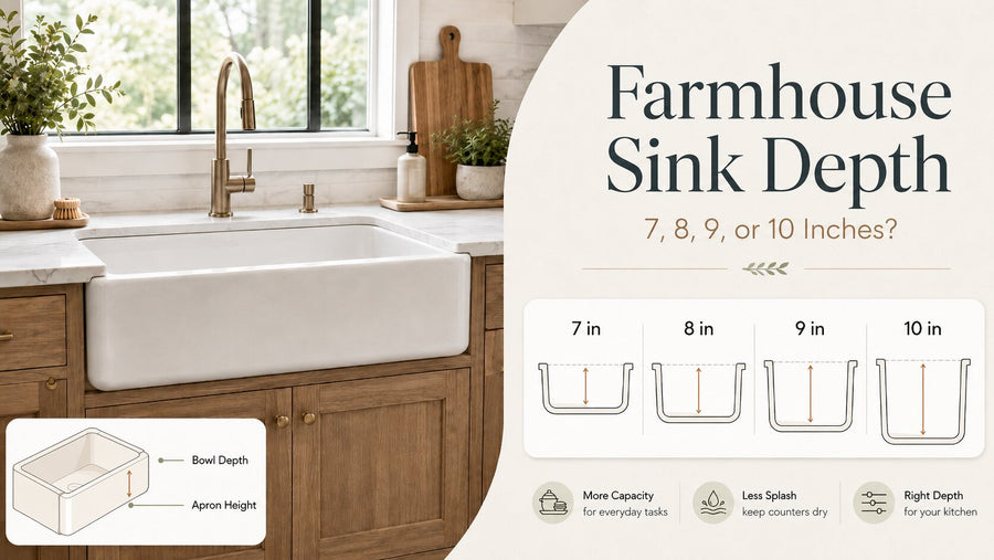 Farmhouse sink depth comparison showing 7, 8, 9, and 10 inch bowl depths
