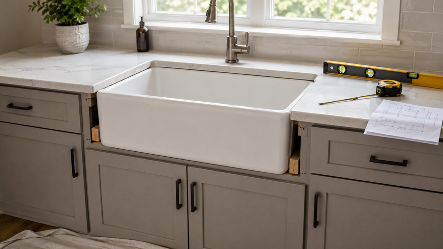 Farmhouse sink test-fitted into an existing cabinet during a kitchen retrofit.