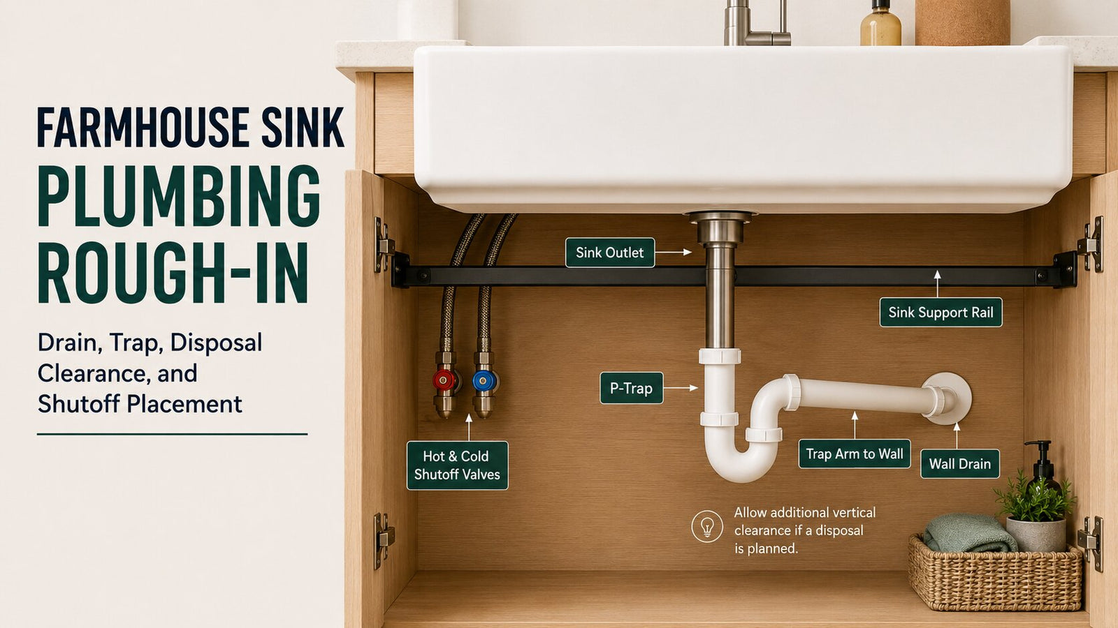 Banner showing a farmhouse sink plumbing rough-in with labeled sink outlet, P-trap, trap arm to wall drain, shutoff valves, and sink support rail inside the cabinet.