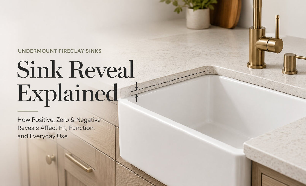 White fireclay farmhouse sink beneath a stone countertop illustrating where the countertop edge meets the sink rim.