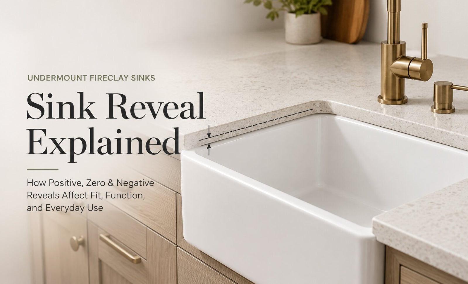 White fireclay farmhouse sink beneath a stone countertop illustrating where the countertop edge meets the sink rim.