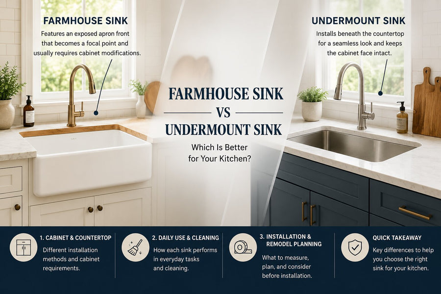 Farmhouse sink vs undermount sink comparison showing an exposed white apron-front sink beside a stainless steel undermount sink.