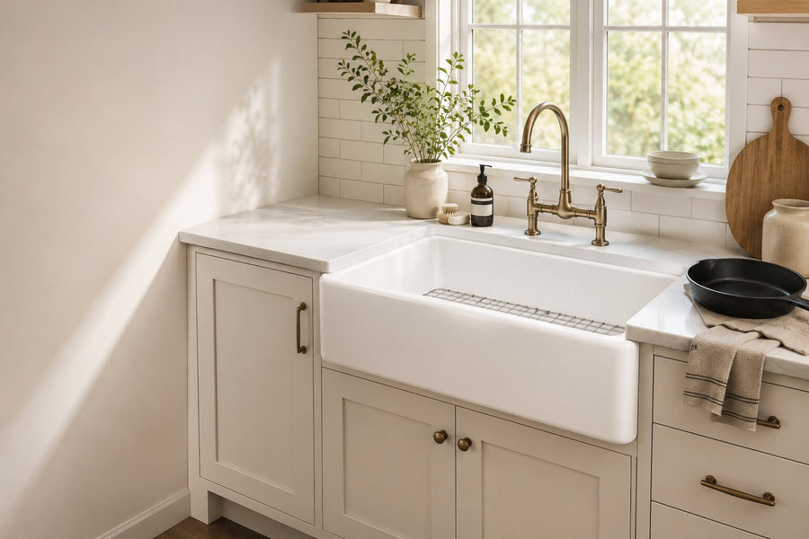 White fireclay farmhouse sink with bottom grid in a bright modern farmhouse kitchen, showing a durable long-lasting sink built for everyday use.