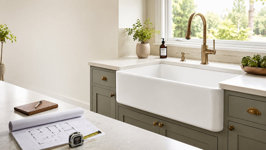 White fireclay farmhouse sink in a bright updated kitchen with renovation plans and measuring tape, showing a durable resale-friendly kitchen upgrade.