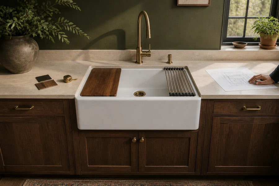 Illustrative white fireclay farmhouse workstation sink installed above walnut cabinet doors in a finished kitchen