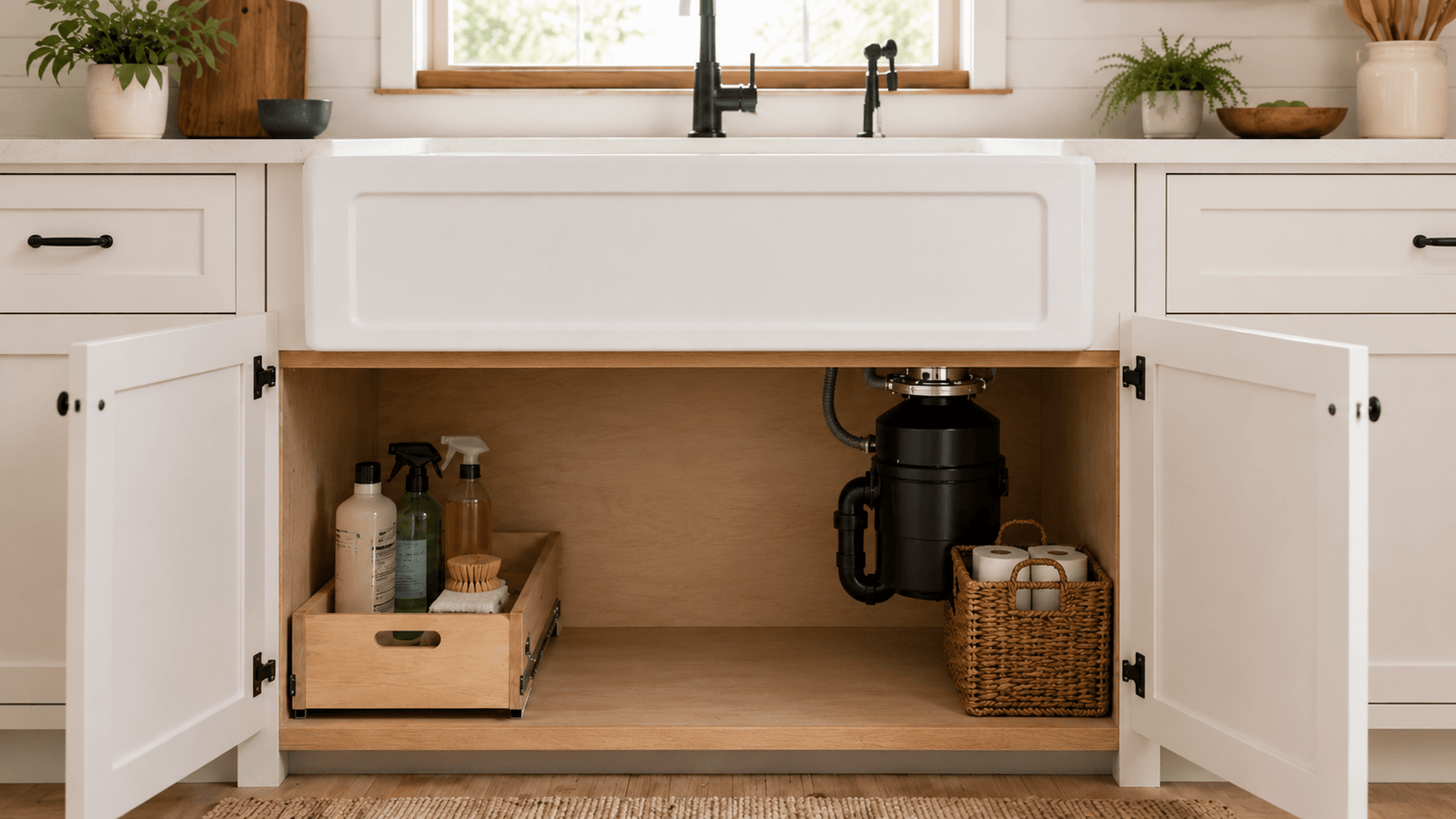 White fireclay farmhouse sink with side-drain garbage disposal installation and open cabinet storage below.