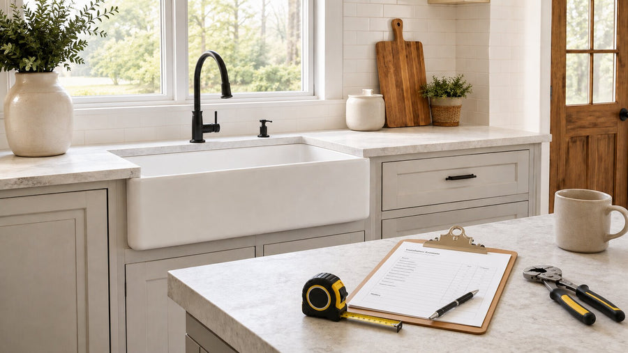 White fireclay farmhouse sink with an installation estimate and tools in a bright modern kitchen.