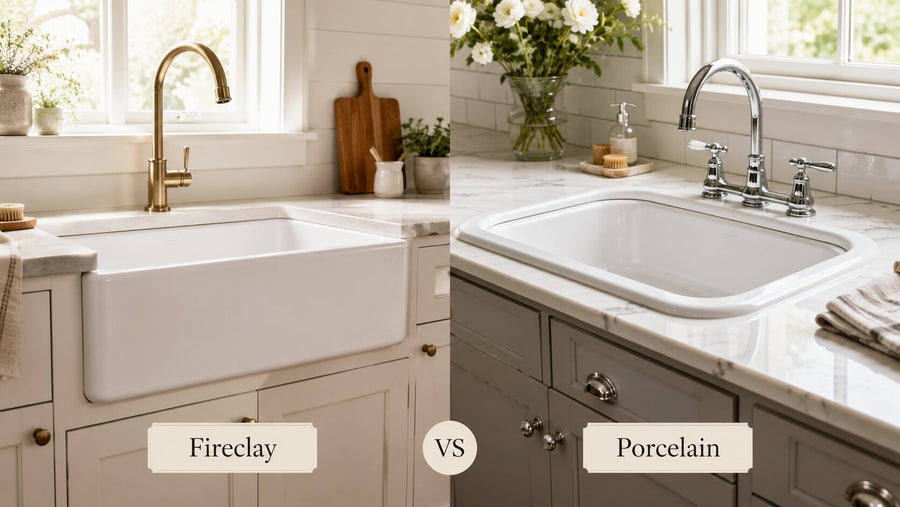 Side-by-side kitchen comparison showing a white fireclay farmhouse sink and a glossy porcelain sink with labels for each material.