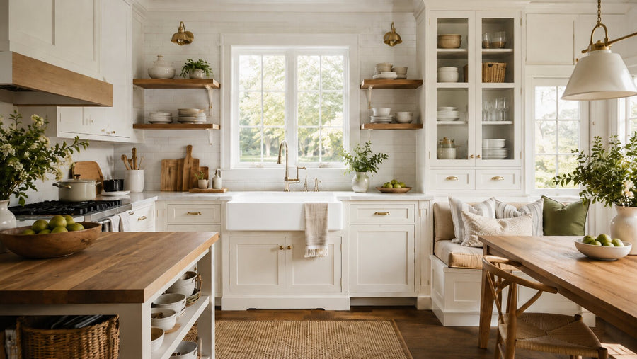 Warm farmhouse kitchen with a smooth apron-front sink, built-in banquette seating, island, and practical storage.