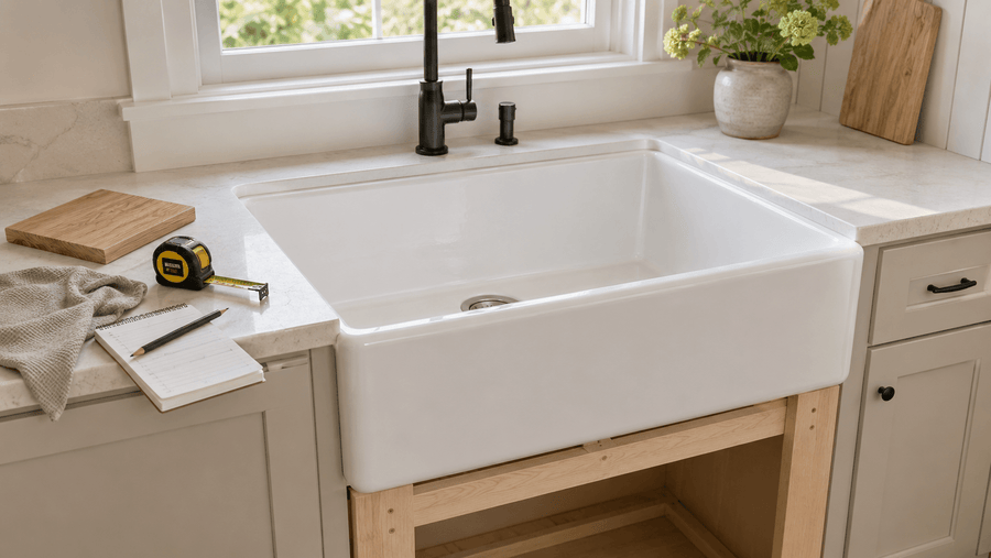 White fireclay farmhouse sink in a bright kitchen with measuring tape and inspection details for judging sink quality