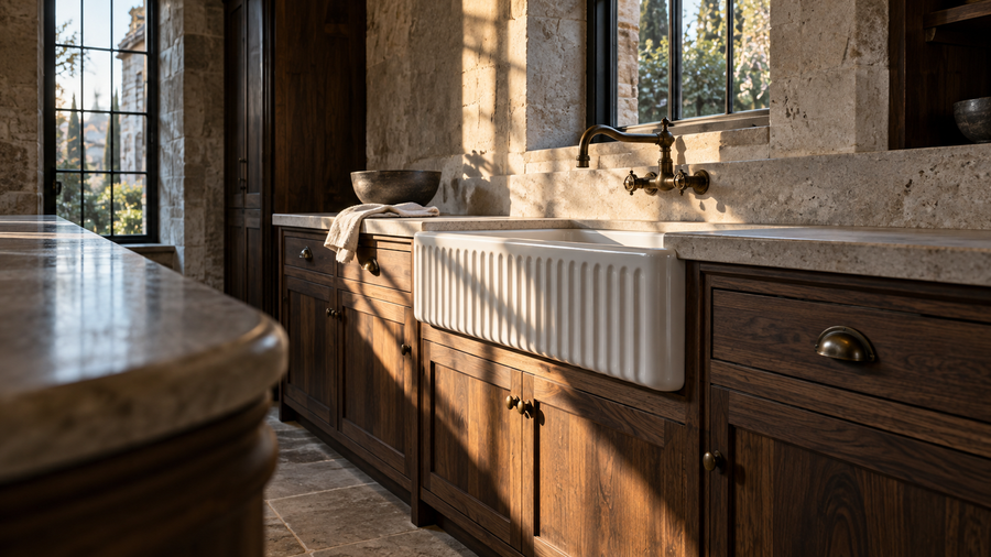 Sculpting sunlight illuminates a broad white fluted farmhouse sink in a dark walnut and limestone kitchen, framed by a rounded island and tall windows.