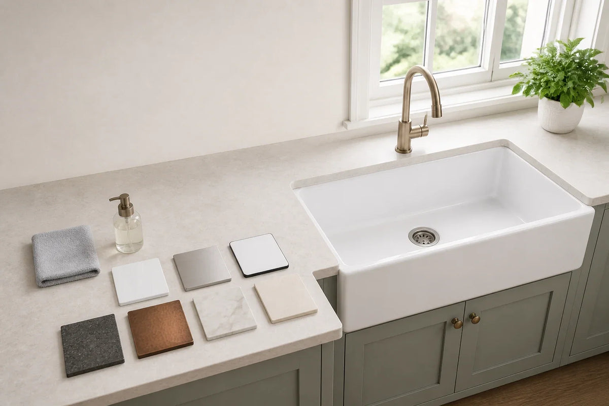 Seven kitchen sink material samples beside a correctly installed white fireclay farmhouse sink