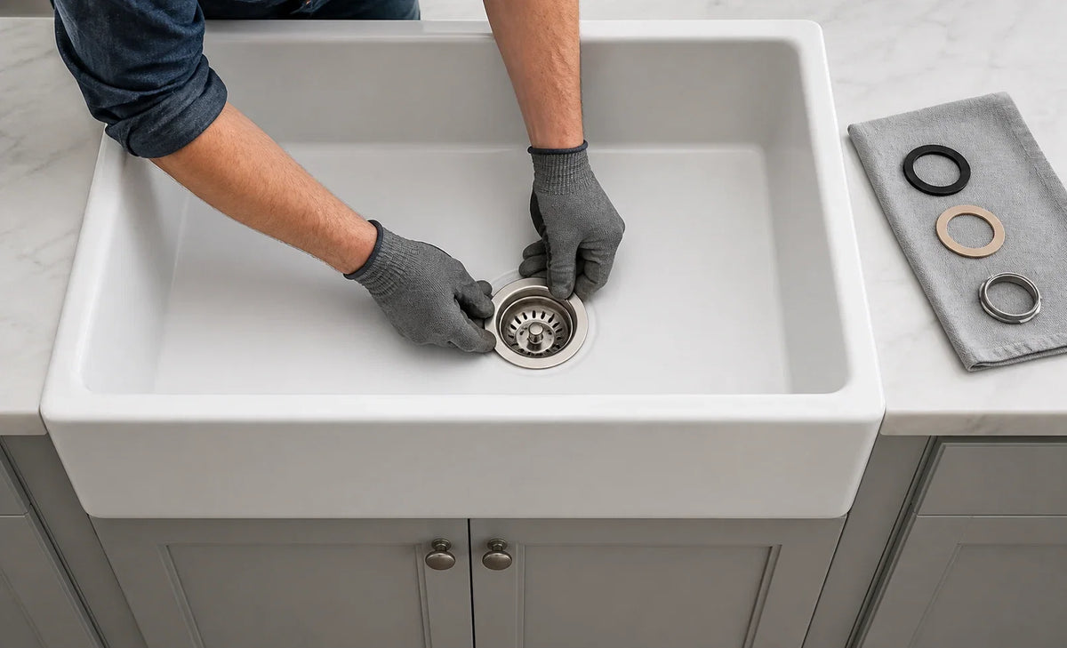 A basket strainer being seated into the centered drain opening of a white fireclay farmhouse sink