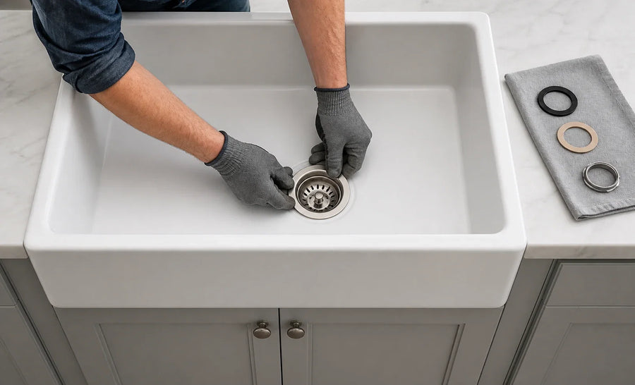 A basket strainer being seated into the centered drain opening of a white fireclay farmhouse sink
