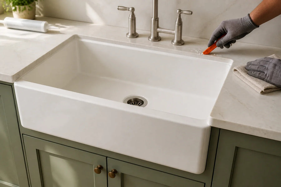 Old caulk being removed with a plastic scraper from the rear joint of a correctly installed farmhouse sink