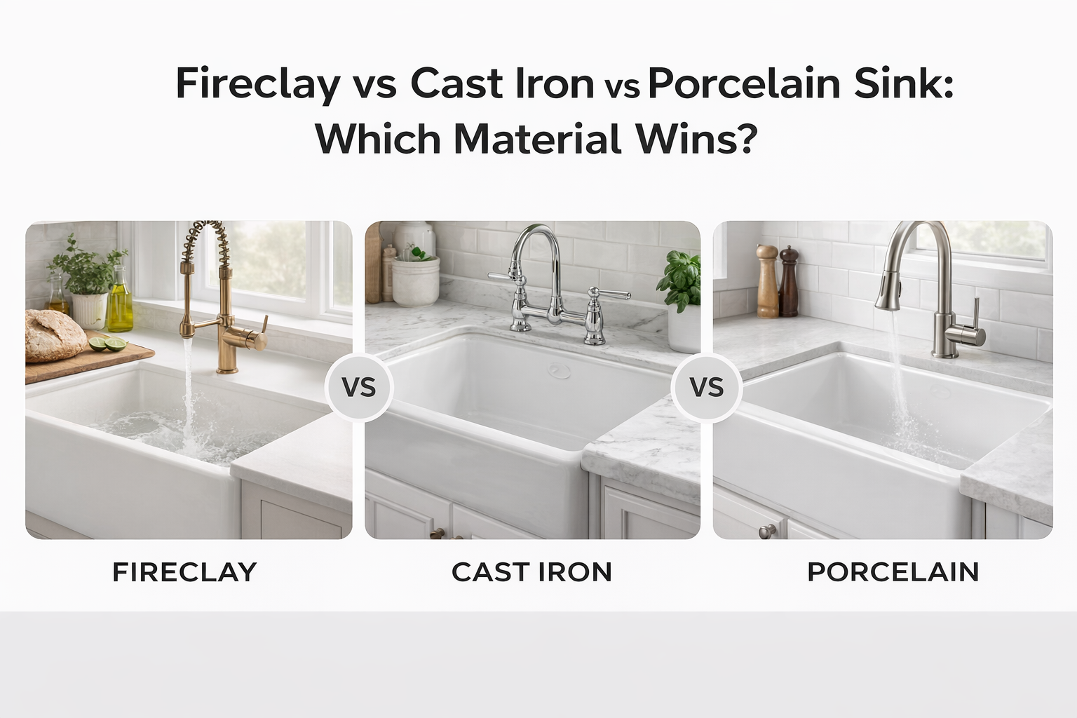 Fireclay vs cast iron vs porcelain sink comparison showing the three white kitchen sink materials side by side
