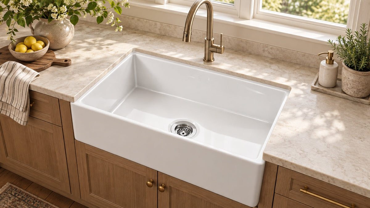 Illustrative editorial image of a white single-bowl fireclay farmhouse sink set in an oak cabinet