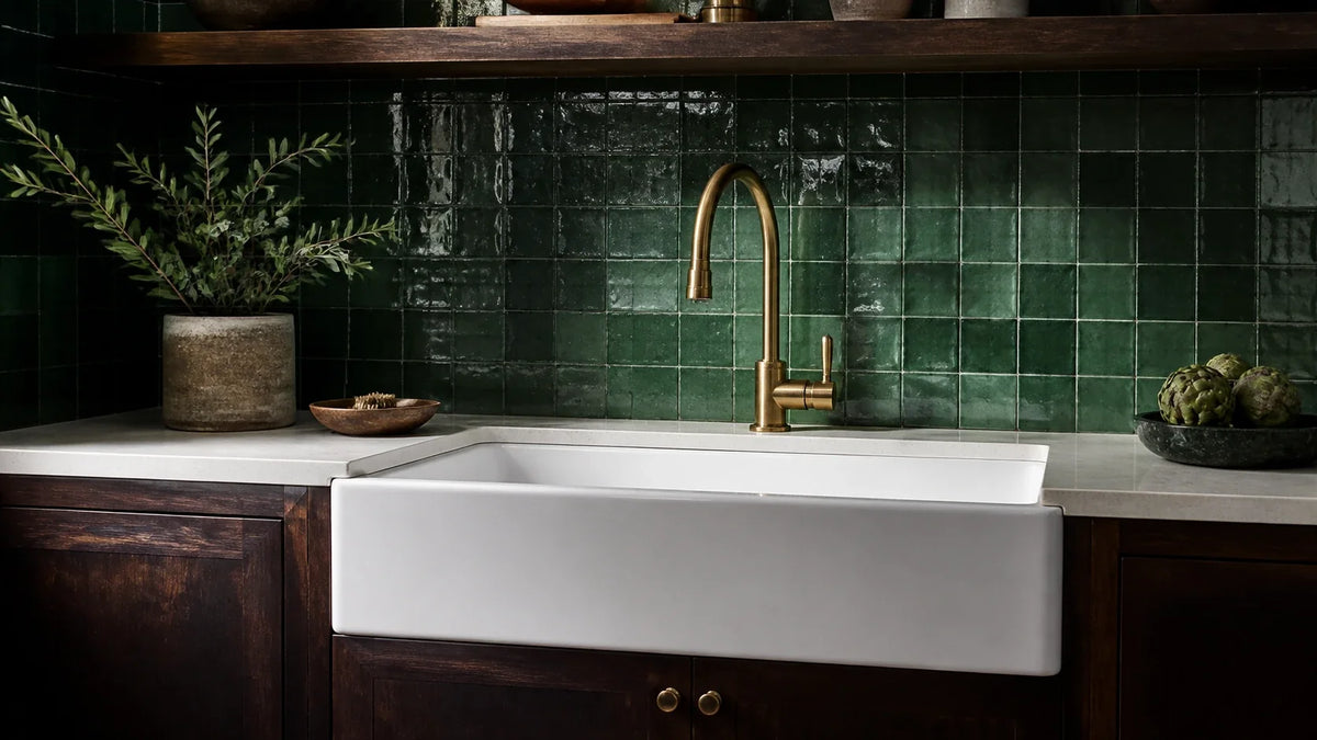 A white farmhouse sink against a continuous deep-green tile backsplash behind a brass faucet