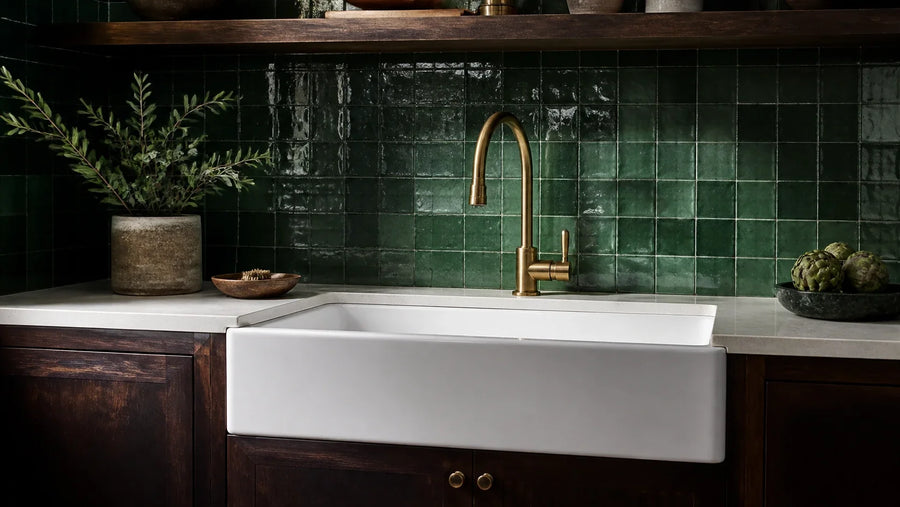 A white farmhouse sink against a continuous deep-green tile backsplash behind a brass faucet