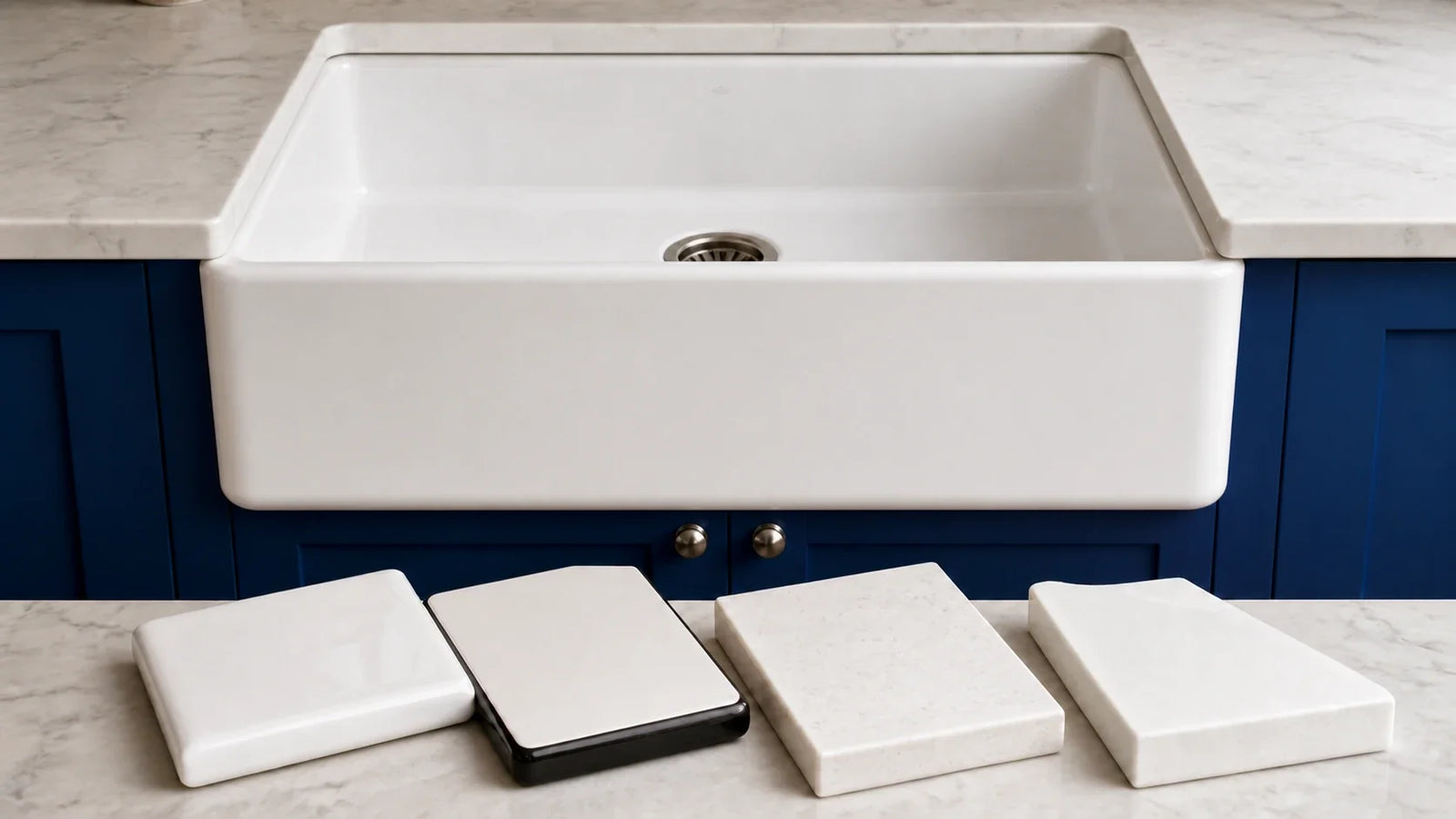 A white apron-front sink in cobalt cabinetry with four white sink material samples on the counter