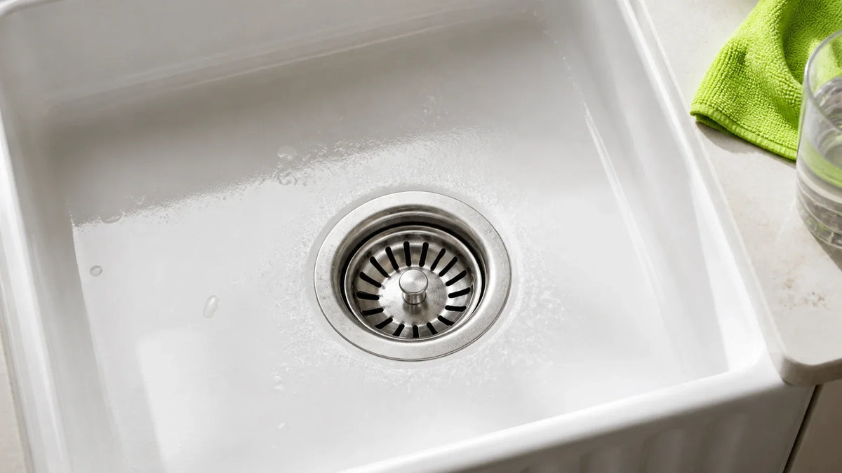 Water droplets and pale residue around the centered drain of a white glazed sink beside a lime green cloth