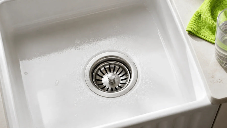 Water droplets and pale residue around the centered drain of a white glazed sink beside a lime green cloth