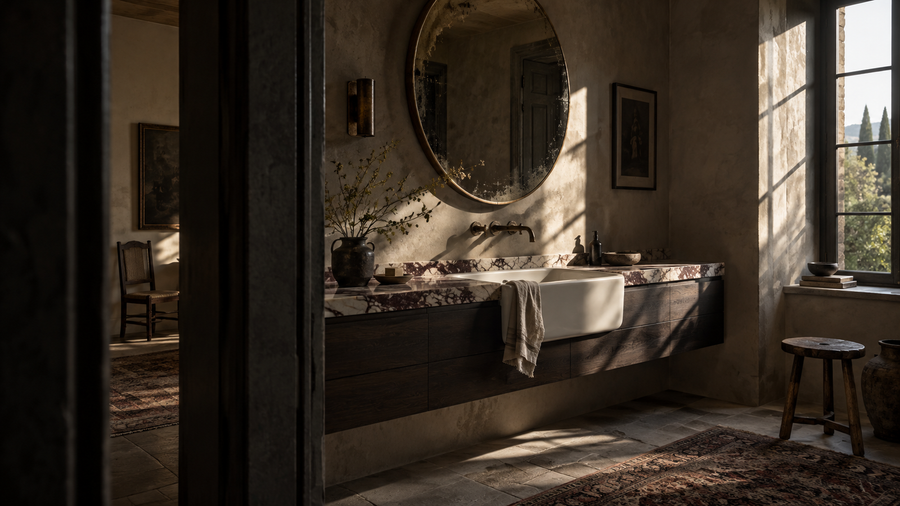 Late afternoon sunlight crosses a white apron sink, veined marble and smoked oak in an Italian villa bathroom, framed by a shadowed doorway and antique mirror.